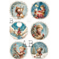 Six circular Christmas-themed illustrations featuring children, deer, birds, trees, and gifts in soft pastel winter scenes. 