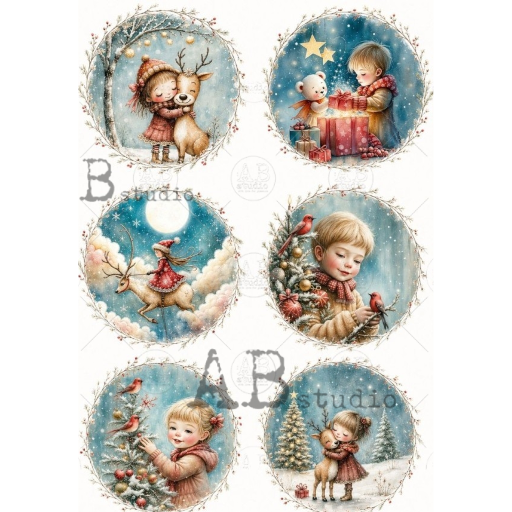 Six circular Christmas-themed illustrations featuring children, deer, birds, trees, and gifts in soft pastel winter scenes. 