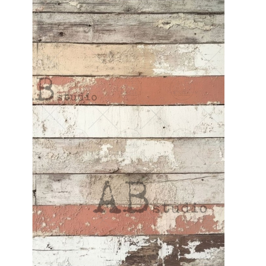 Wooden planks with distressed finish in pink, peach and neutral tones.
