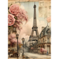 Vintage-style illustration of the Eiffel Tower with pink roses and a street scene.