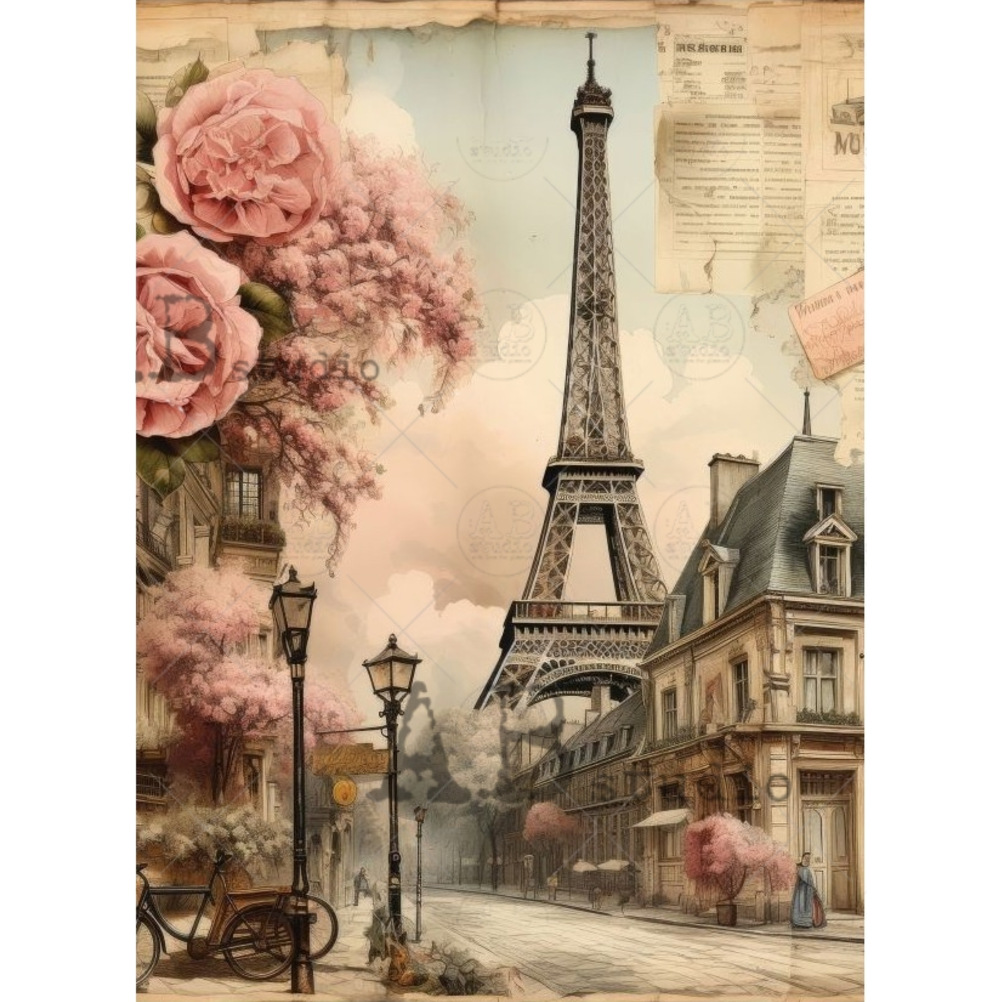 Vintage-style illustration of the Eiffel Tower with pink roses and a street scene.