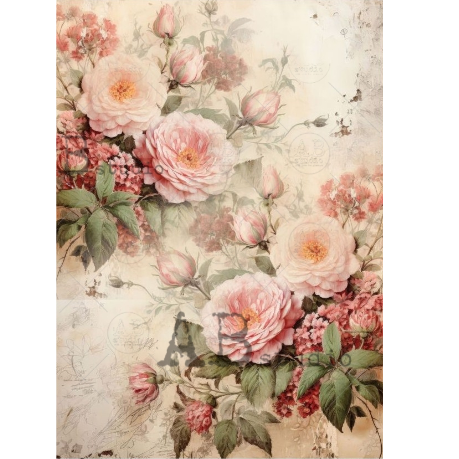 Vintage-style floral design with pink flowers on a textured background.