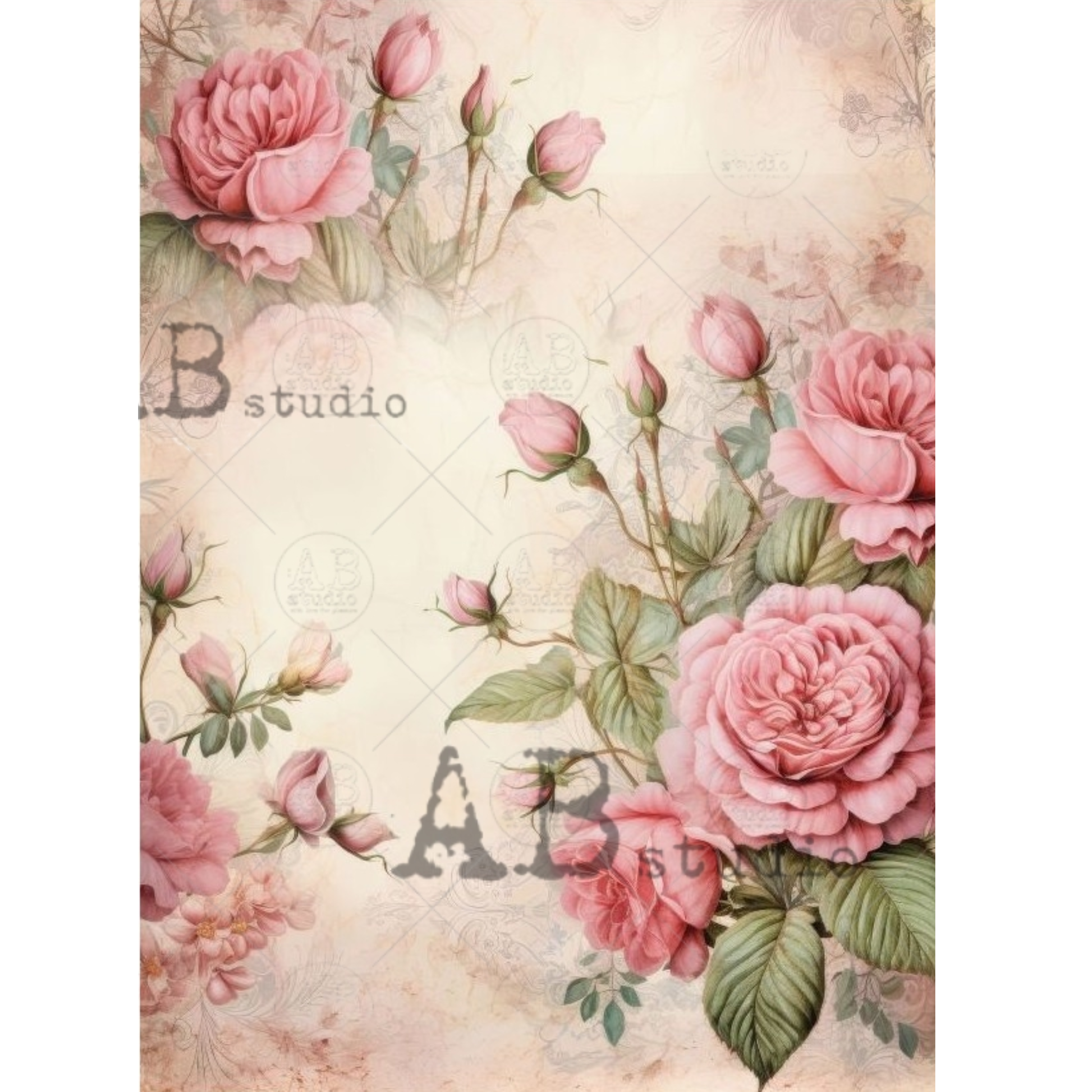 Vintage-style floral design with pink roses and green leaves on a textured background.