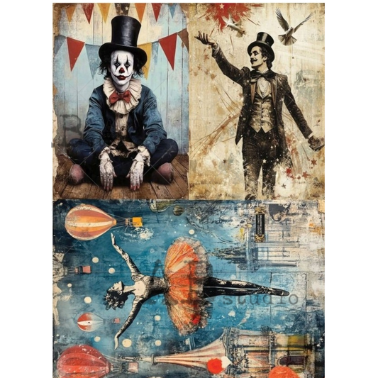 Three artistic illustrations featuring a clown, a magician, and a dancer.