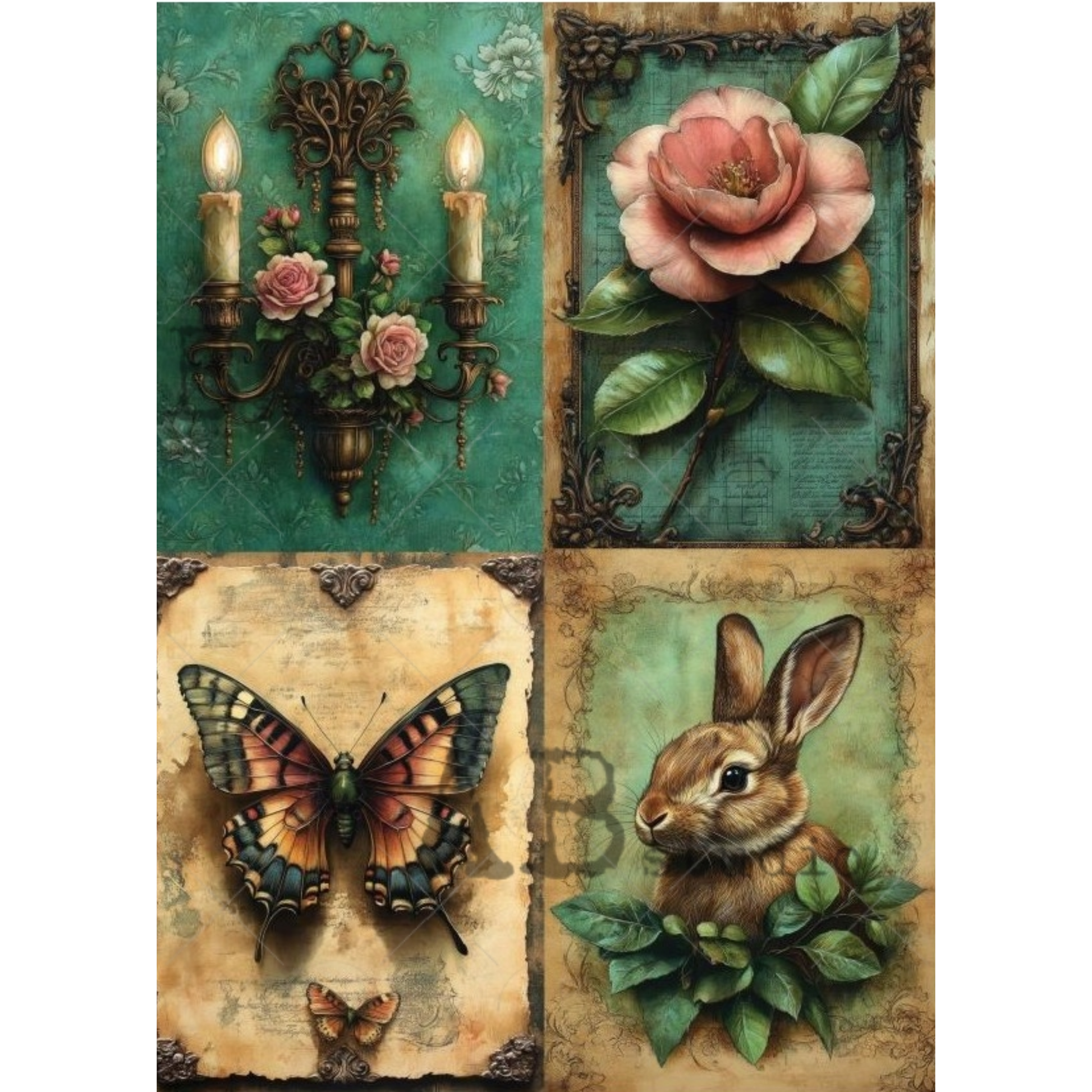 Four-panel artwork featuring a butterfly, rabbit, roses, and candles on a decorative background.