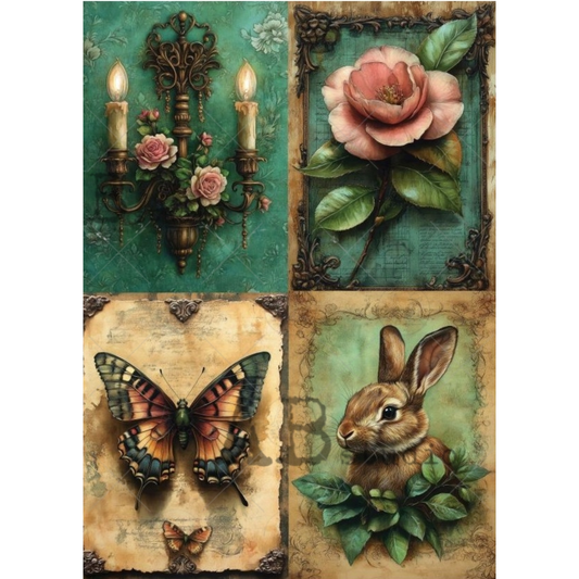 Four-panel artwork featuring a butterfly, rabbit, roses, and candles on a decorative background.