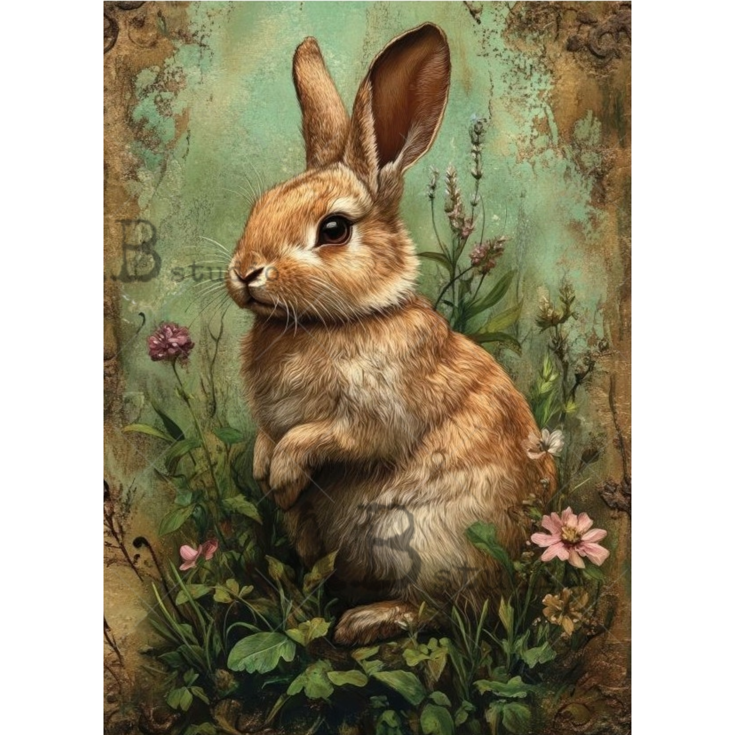 Illustration of a rabbit in a natural setting with flowers and leaves.