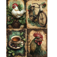 Decorative paper with four images of a rooster, bicycle, cup of tea, and greenery.