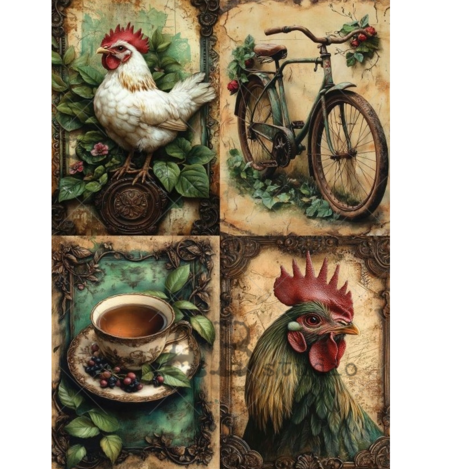 Decorative paper with four images of a rooster, bicycle, cup of tea, and greenery.