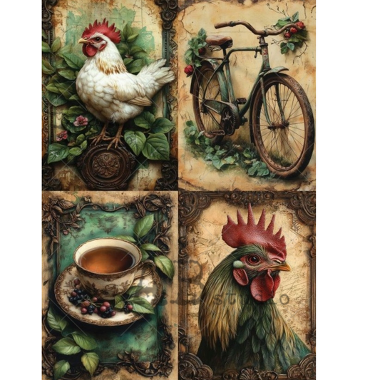 Decorative paper with four images of a rooster, bicycle, cup of tea, and greenery.