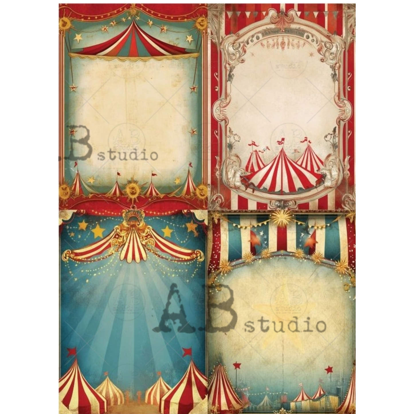 Circus-themed design with striped tents and decorative elements.