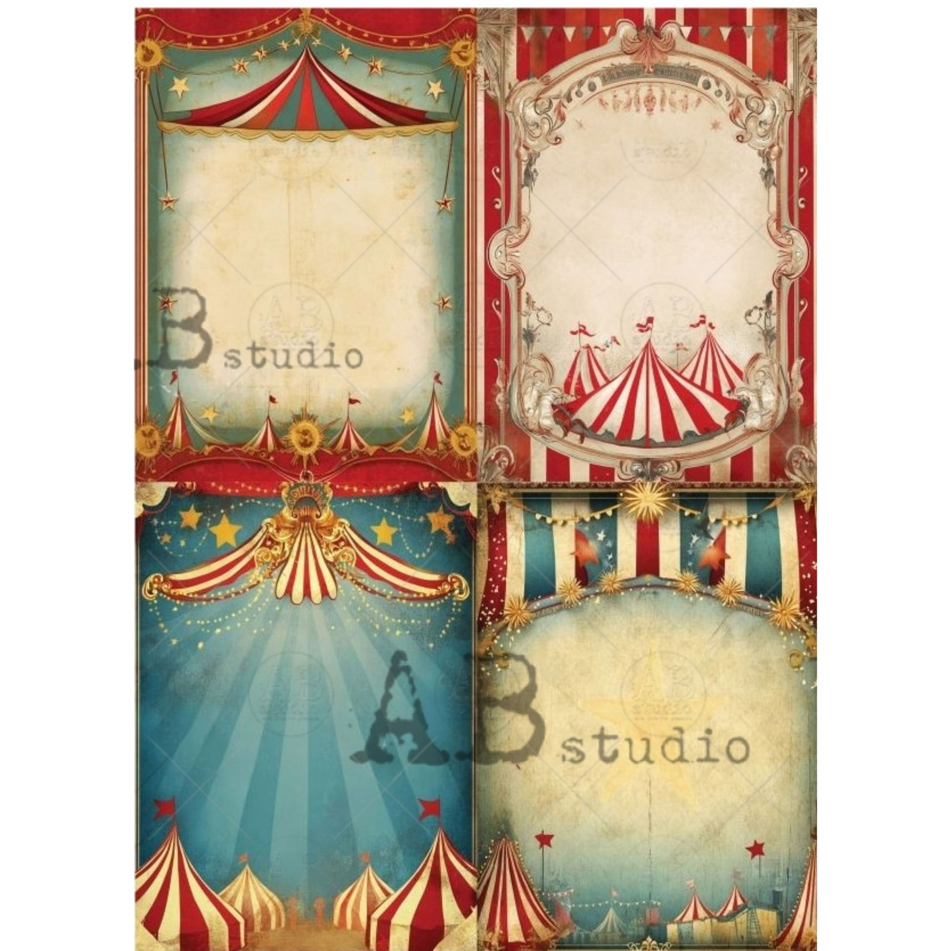 Circus-themed design with striped tents and decorative elements.