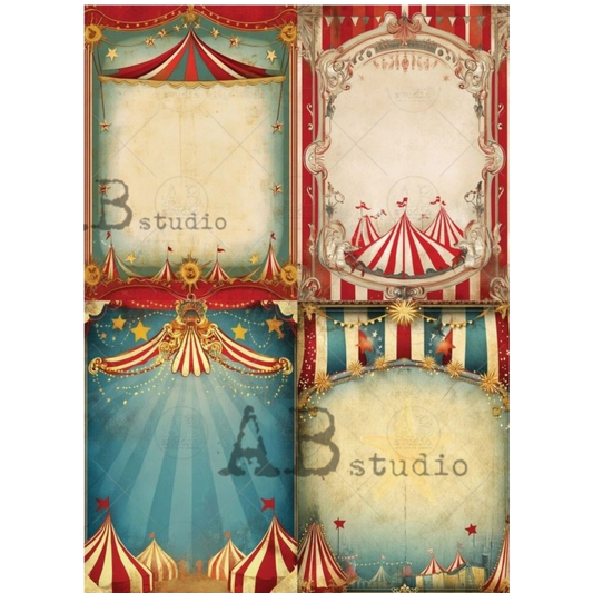 Circus-themed design with striped tents and decorative elements.