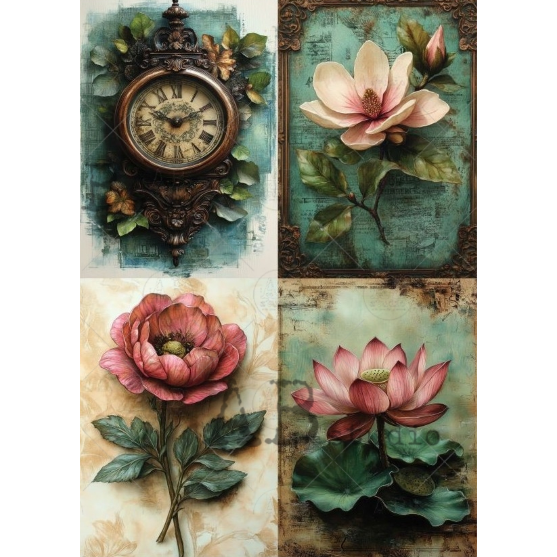 Decorative 4 image paper with vintage clock and floral designs on a textured background