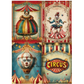 Four vintage-style circus poster designs with colorful elements and a 'Circus' logo.