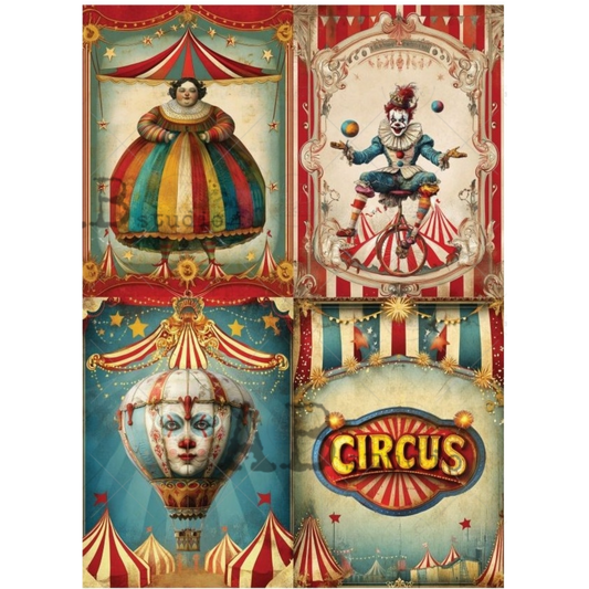 Four vintage-style circus poster designs with colorful elements and a 'Circus' logo.