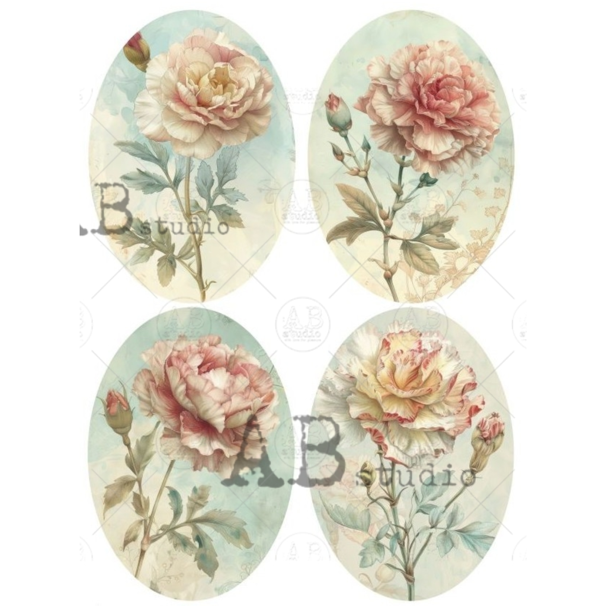 Four oval-shaped floral designs with pink and white flowers.
