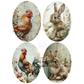 Four oval-shaped illustrations of a rooster and a rabbit in nature settings.