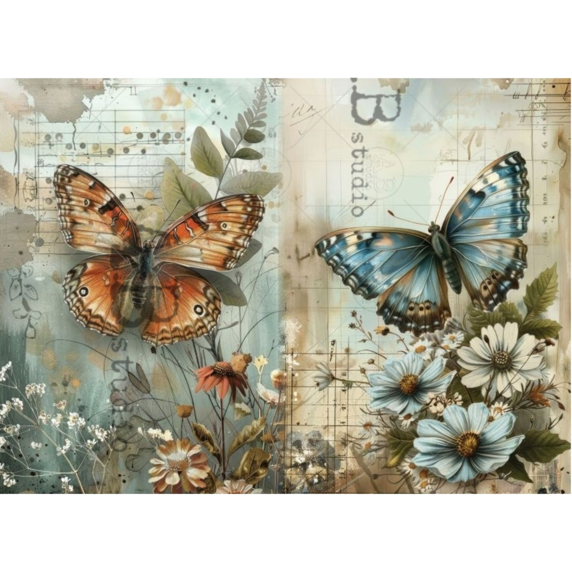 Butterflies and flowers on a textured background with sheet music.