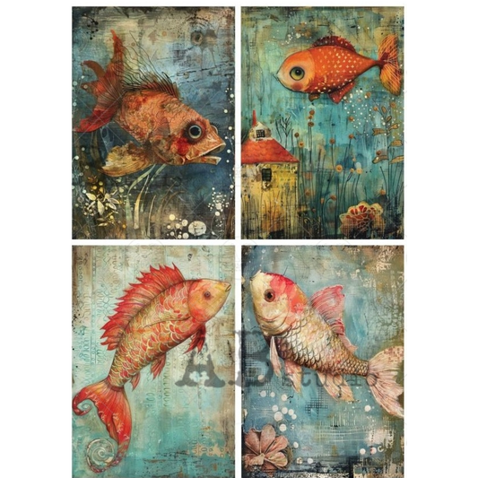 Four images of artwork featuring stylized koi fish in an underwater setting with textured backgrounds.