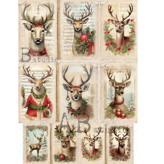 Grid of Christmas-themed deer illustrations with various decorative elements.
