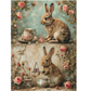 Two imgaes of rabbits with teacups and roses on a painted background.