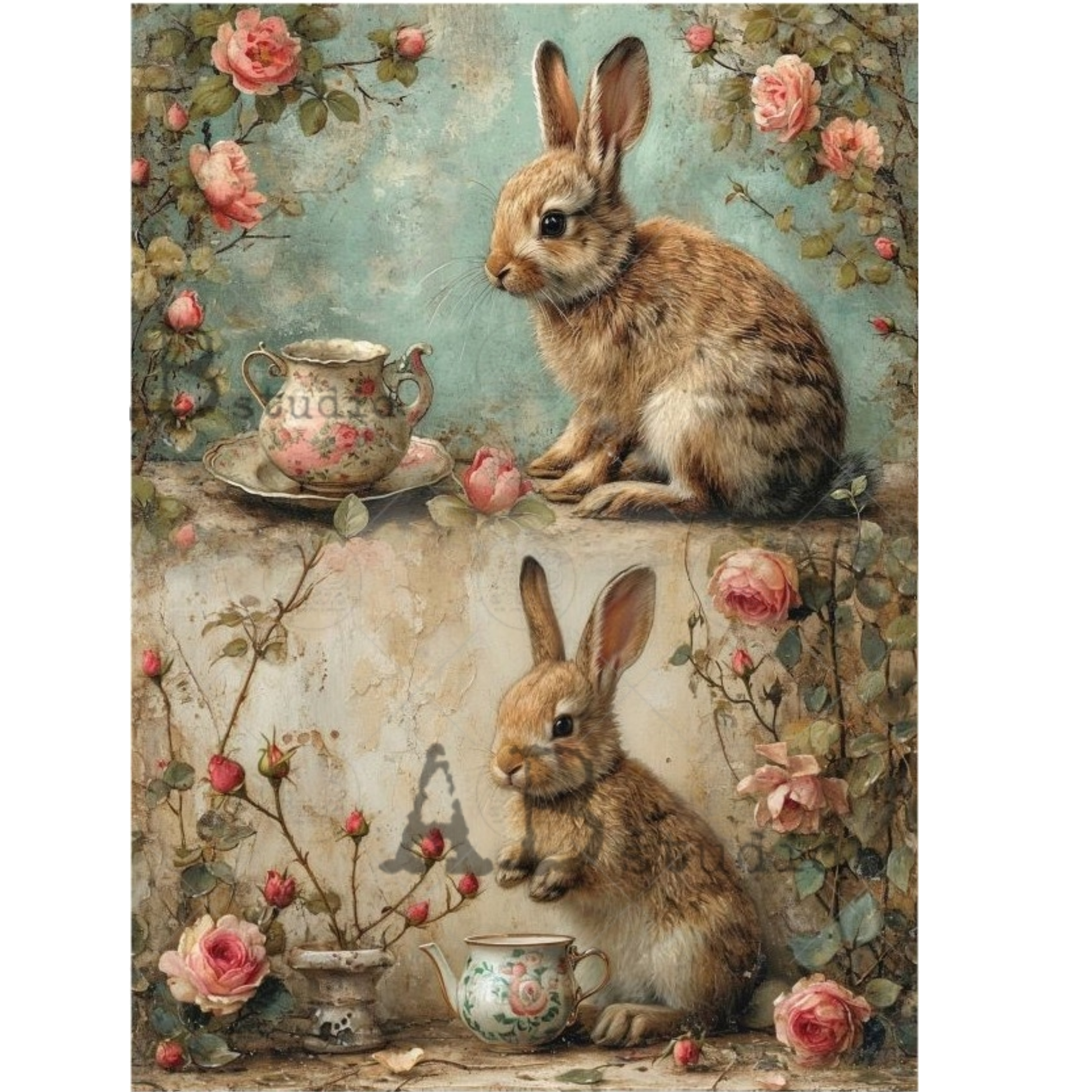 Two imgaes of rabbits with teacups and roses on a painted background.