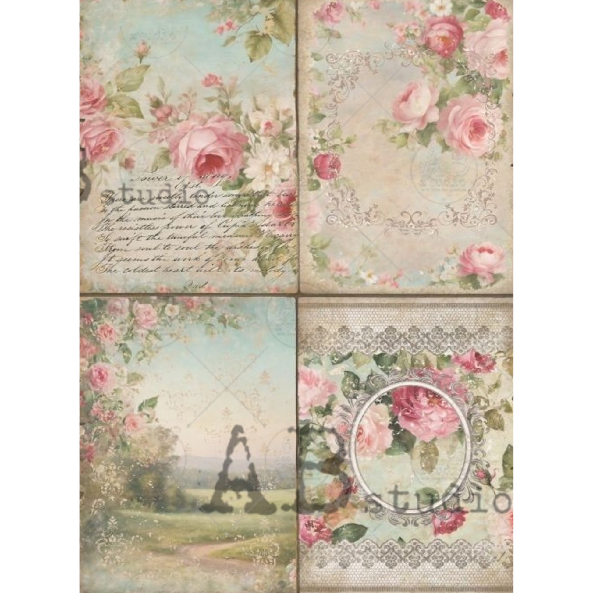 4 Shabby Chic Easter Spring Roses Scenes" decoupage rice paper by AB Studio. Available at Milton's Daughter.