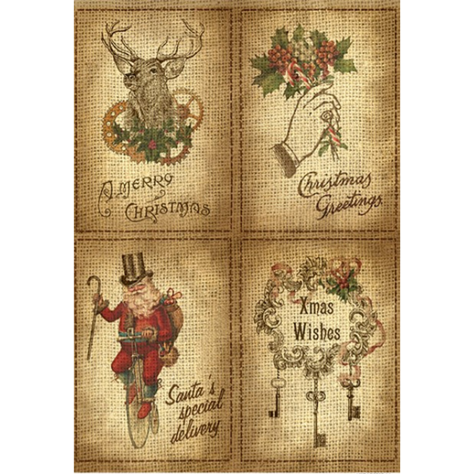 "4-Pack Burlap Christmas Wishes" decoupage rice paper by Calambour. Available at Milton's Daughter.