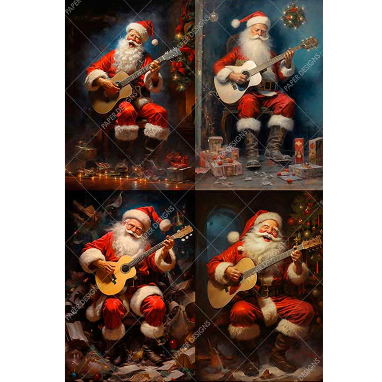 "4 Pack Santa Playing Guitar" decoupage rice paper by Paper Designs. Available at Milton's Daughter.