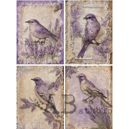 "4 Pack Lavender Birds" decoupage rice paper by AB Studio. Available at Milton's Daughter.