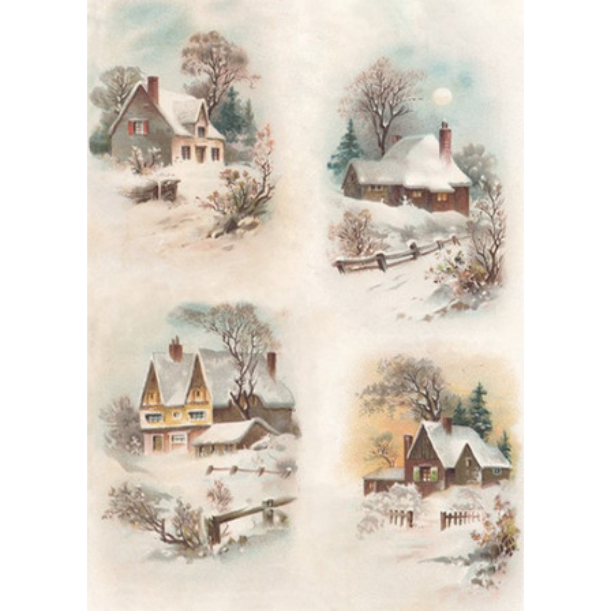 "4-Pack Snow Covered Houses" decoupage rice paper by Calambour. Available at Milton's Daughter.