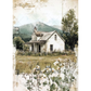 Vintage-style illustration of a rustic house with mountains and trees in the background.