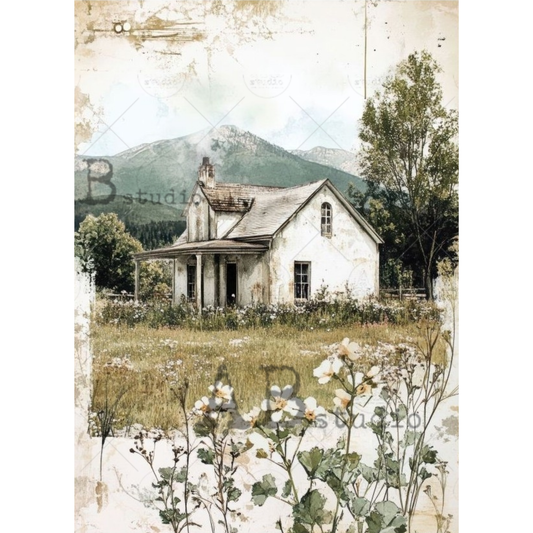 Vintage-style illustration of a rustic house with mountains and trees in the background.