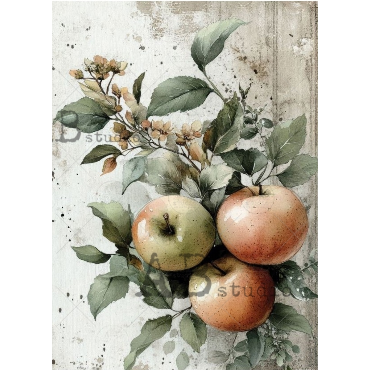 Illustration of apples and leaves on a textured background.