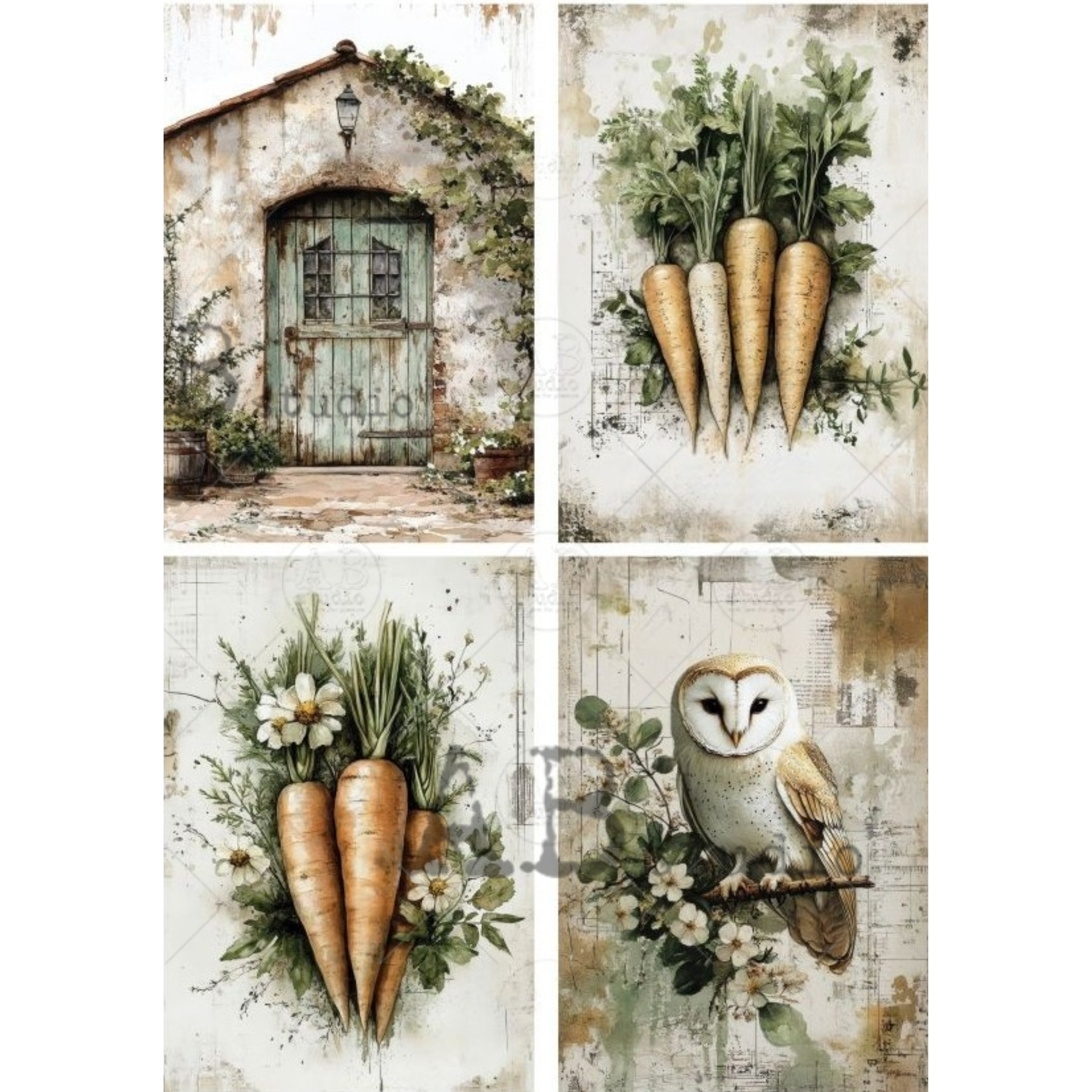 Set of four rustic-themed images including a door, carrots, and an owl.