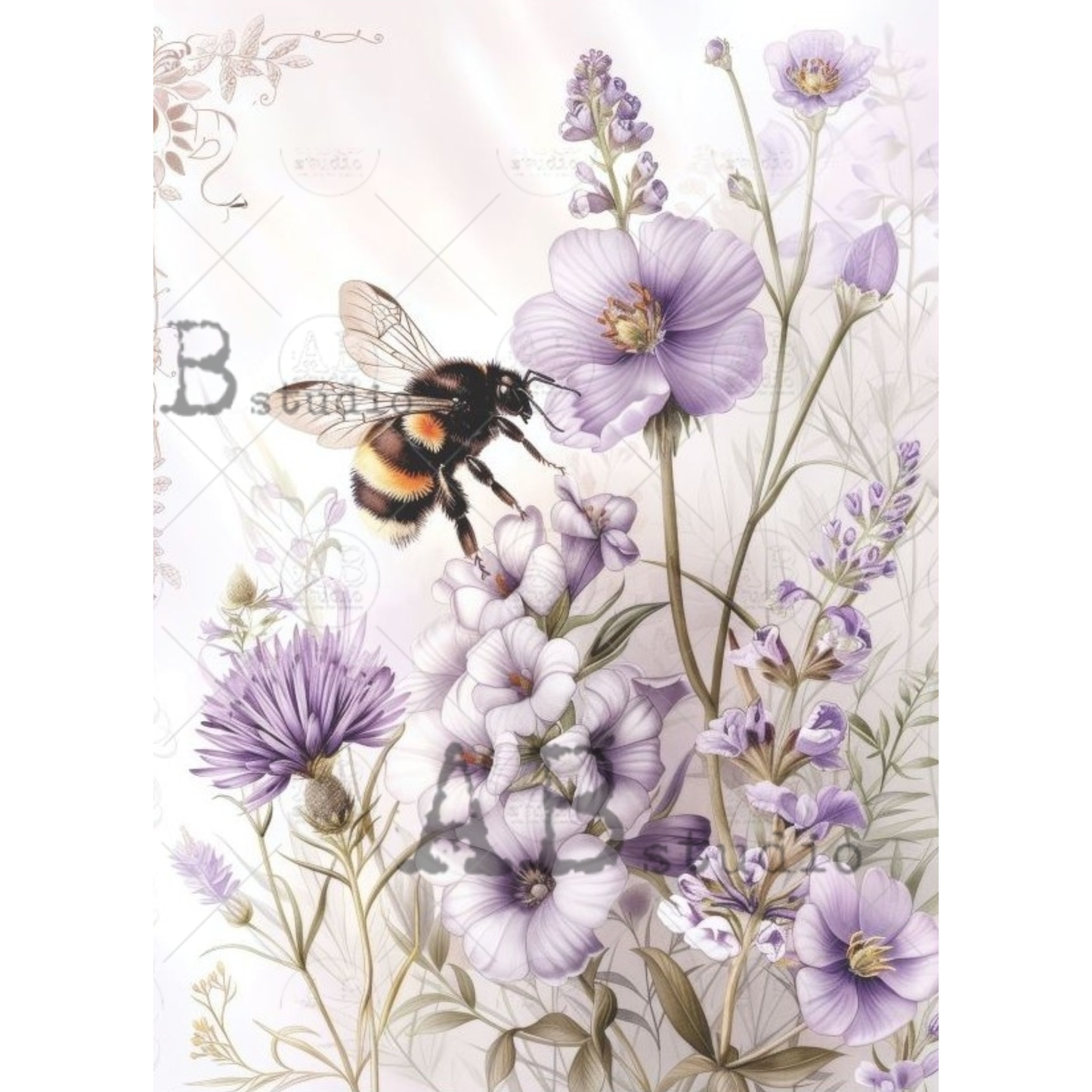 Illustration of a bee on purple flowers.