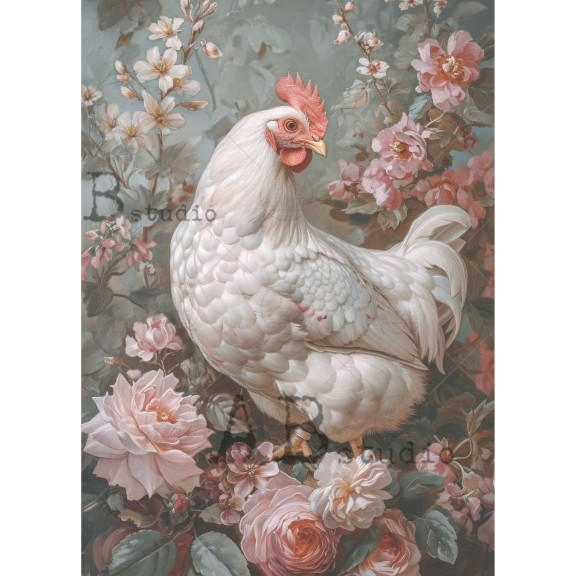 White chicken among pink flowers and foliage.