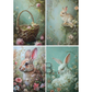 Set of four illustrations featuring rabbits, a basket with eggs, and flowers.