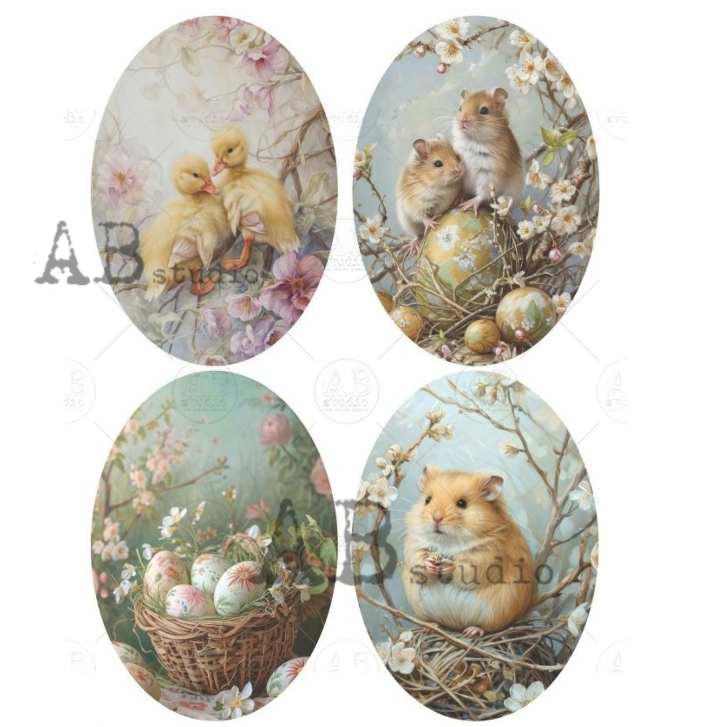 Four oval illustrations featuring chicks and hamsters in a natural setting.