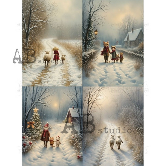 Collage of four illustrated winter scenes with children and animals.
