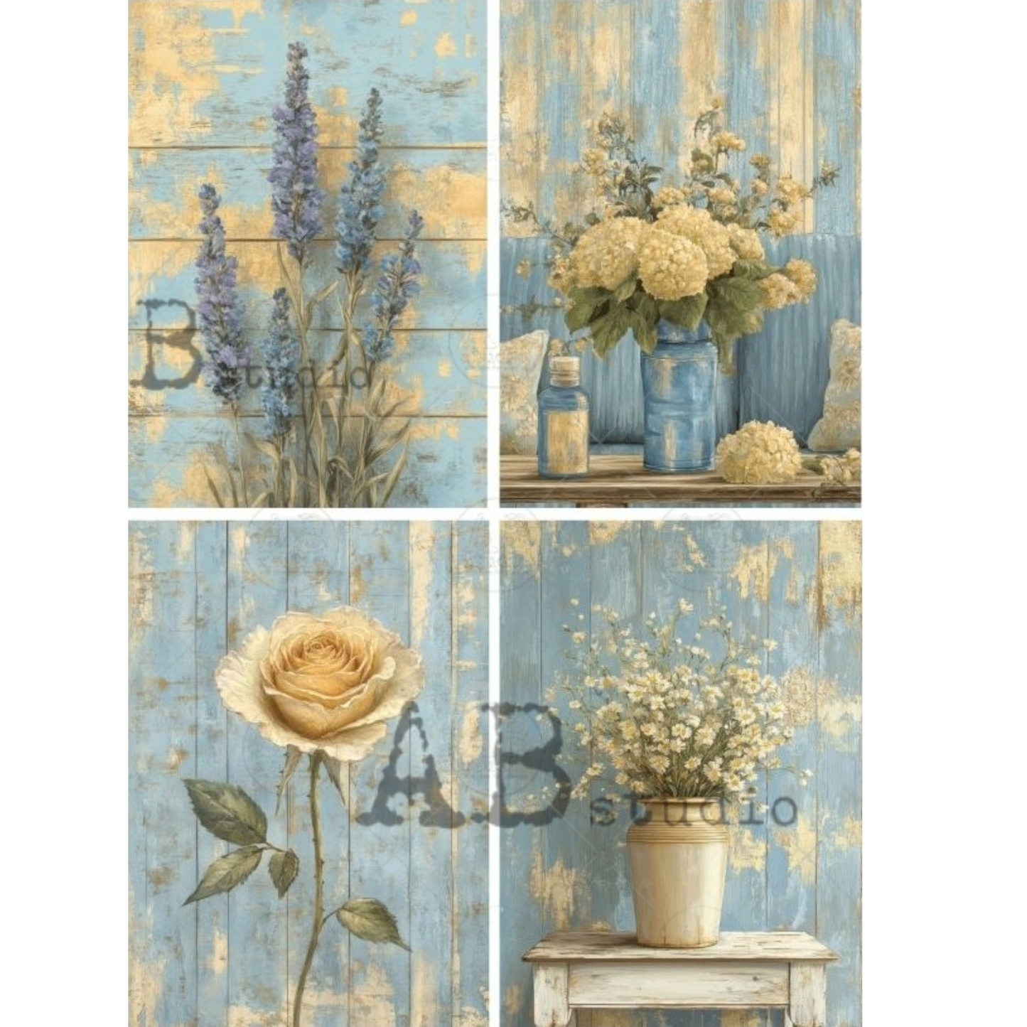 Collage of floral arrangements on a wooden background.