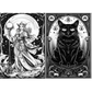 Two black and white gothic illustrations side by side: a celestial woman holding a staff in front of a moon, and a large black cat seated within an ornate decorative frame.
