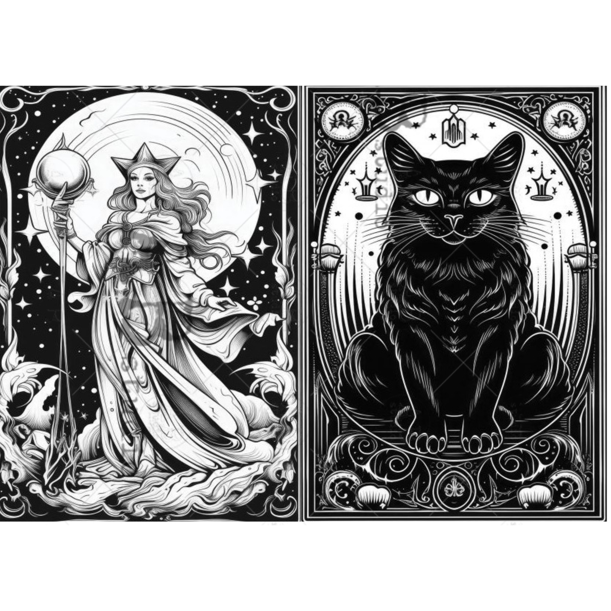 Two black and white gothic illustrations side by side: a celestial woman holding a staff in front of a moon, and a large black cat seated within an ornate decorative frame.