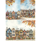 Two watercolor-style illustrations of a row of colorful townhouses decorated for autumn, with pumpkins, falling leaves, and a blue sky. 