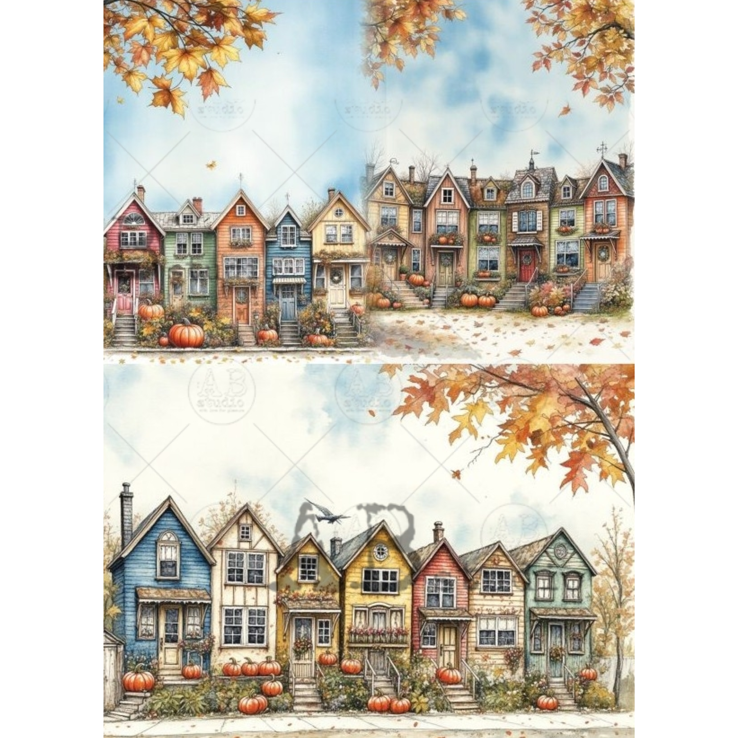 Two watercolor-style illustrations of a row of colorful townhouses decorated for autumn, with pumpkins, falling leaves, and a blue sky. 