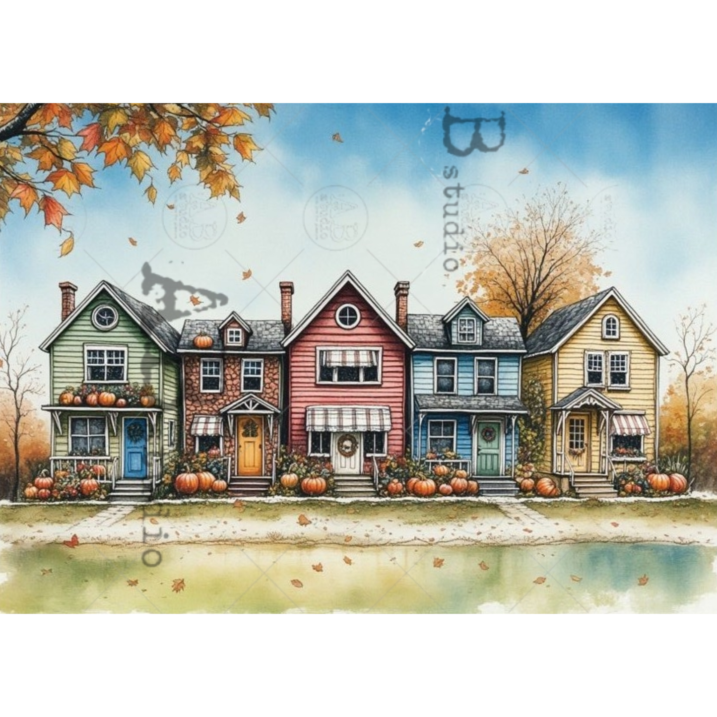 A watercolor-style illustration of five colorful houses lined up along a pond in autumn, with pumpkins, falling leaves, and a blue sky background.