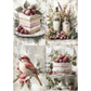 Decorative paper with 4 images of a cake with berries, a bottle, grapes, and a bird on flowers.