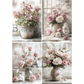 Collage of four floral arrangements in decorative pots and vases with a soft color palette.