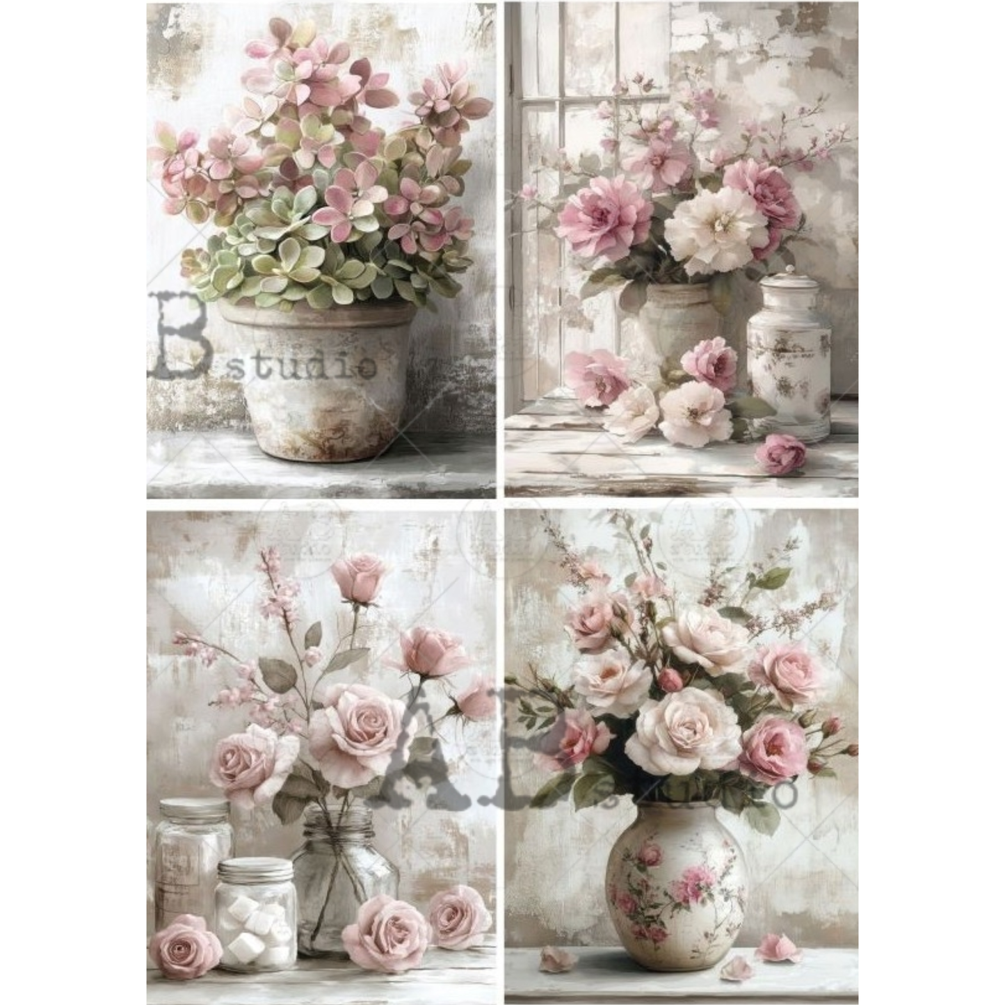 Collage of four floral arrangements in decorative pots and vases with a soft color palette.